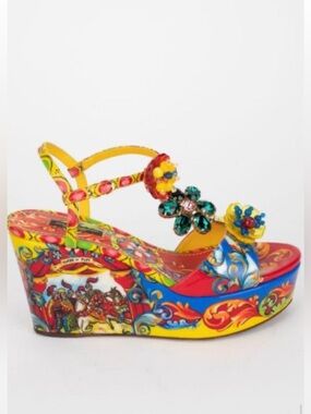 Dolce & Gabbana Carretto Siciliano Jewel Wedge Sandals Runway Collection 37/7 US